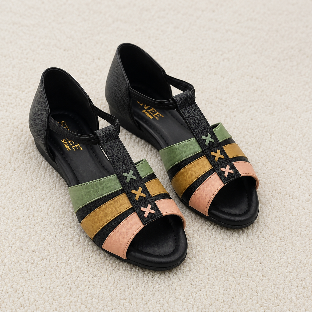 Women's Cushion Padding Comfort Sandals | Multi-Color T-Strap Synthetic Upper with Lightweight Air-Mix Sole