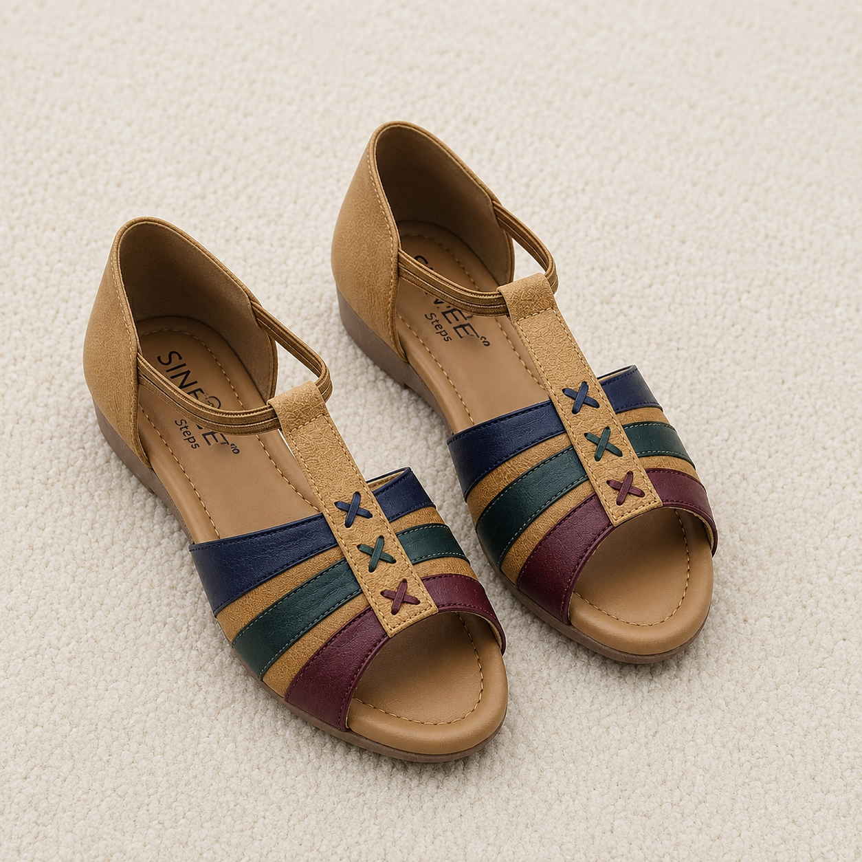 Women's Cushion Padding Comfort Sandals | Multi-Color T-Strap Synthetic Upper with Lightweight Air-Mix Sole