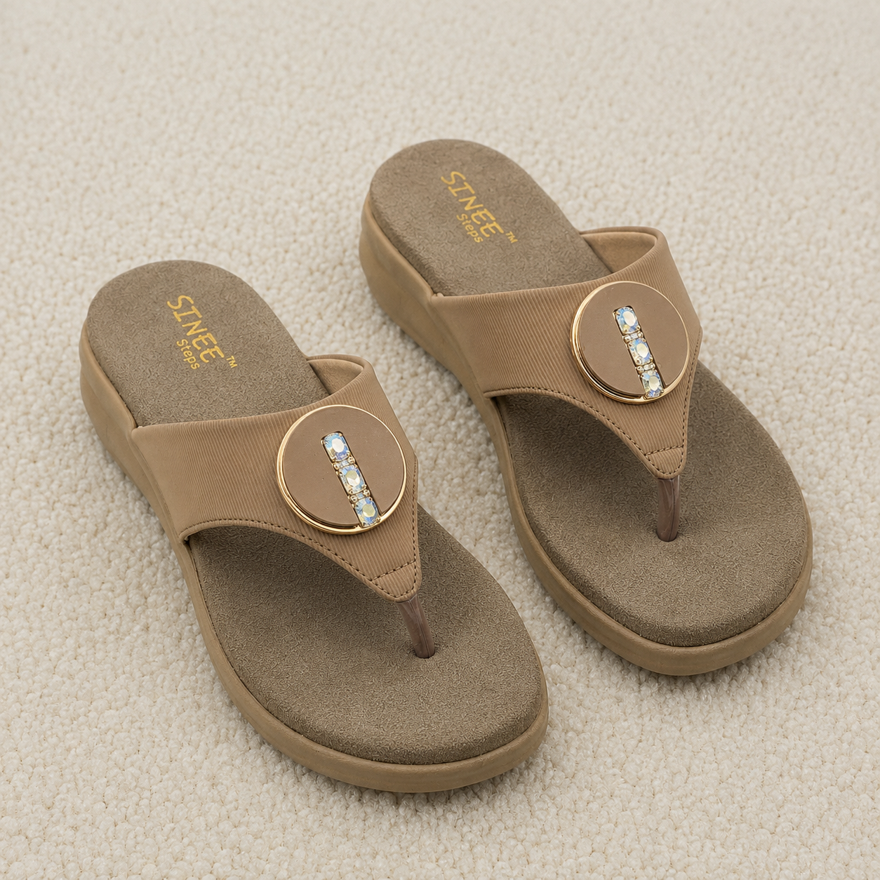 Women's Cushion Padding Comfort Slippers | Embellished T-Strap Synthetic Upper with Orthotic-Style Air-Mix Sole
