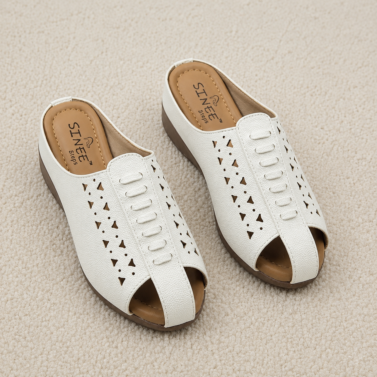 Women's Cushion Padding Open-Toe Mules | Geometric Laser-Cut Synthetic Upper with Lightweight Air-Mix Comfort Sole