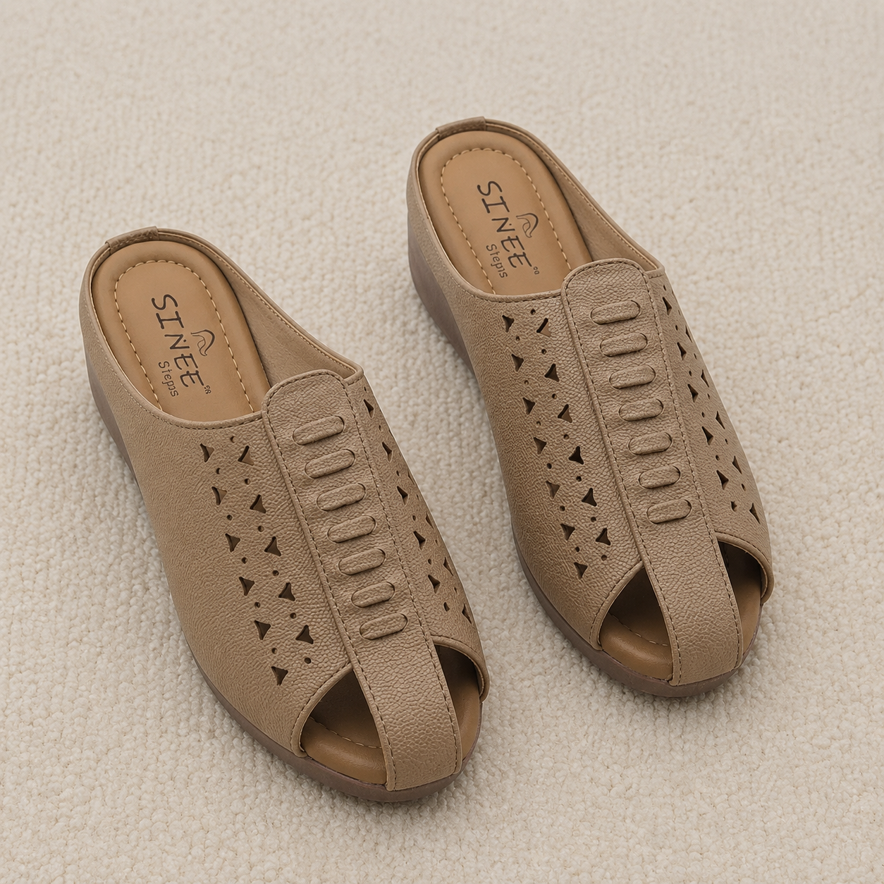 Women's Cushion Padding Open-Toe Mules | Geometric Laser-Cut Synthetic Upper with Lightweight Air-Mix Comfort Sole