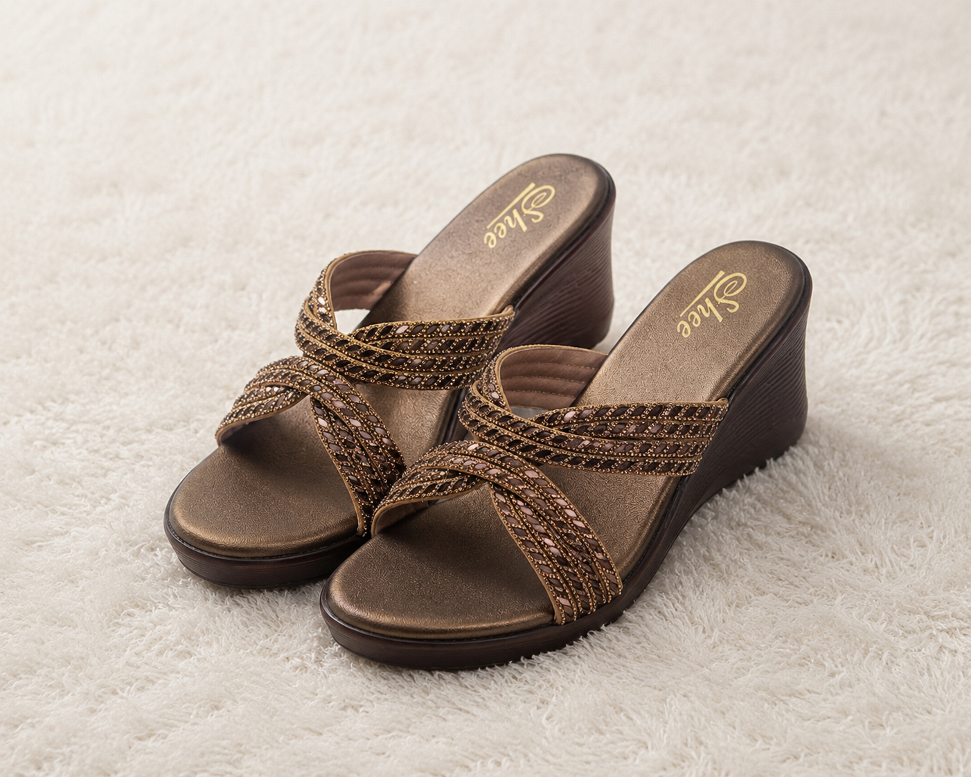 Women's Elegant Wedge Slippers with Swarovski Crystal Embellished Synthetic Upper and Ultra-Soft Cushioning