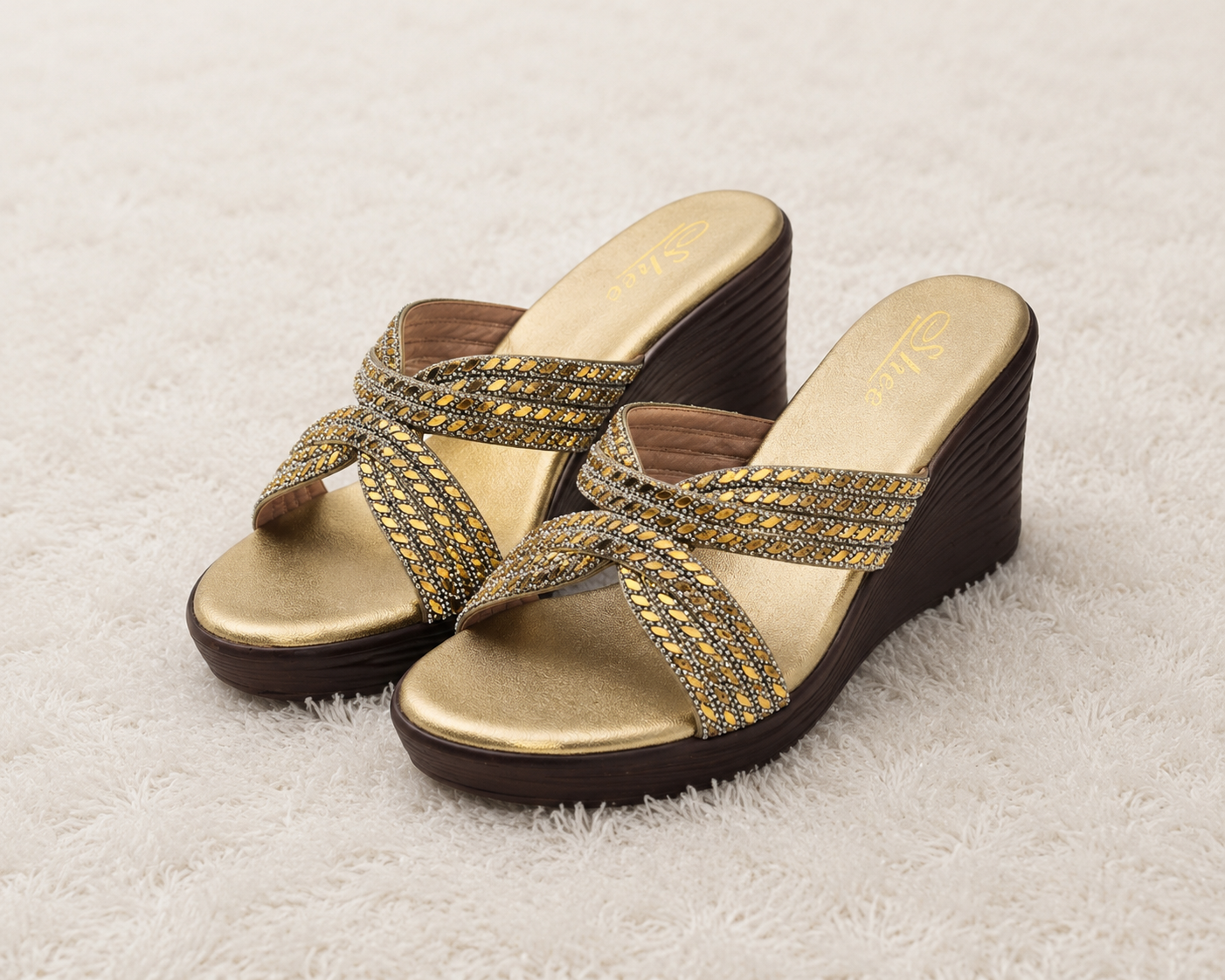 Women's Elegant Wedge Slippers with Swarovski Crystal Embellished Synthetic Upper and Ultra-Soft Cushioning