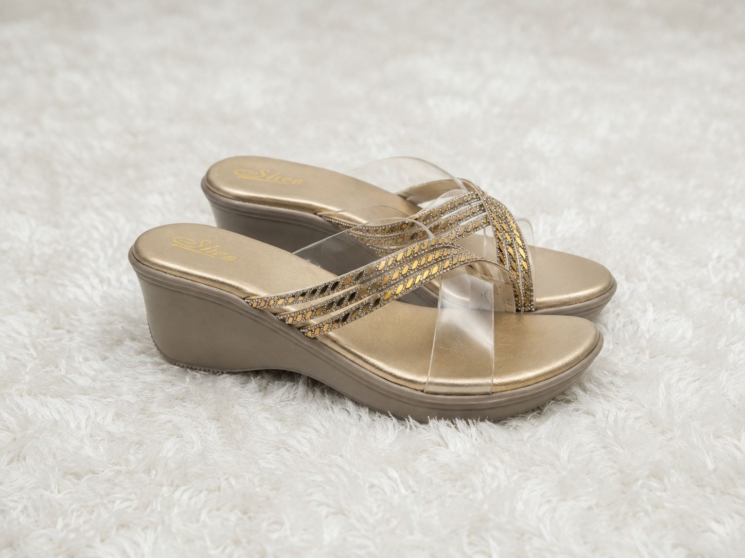 Women's Chic Wedge Slippers with Transparent Crisscross Straps, Swarovski Crystal Embellishments, and Premium Cushion Padding