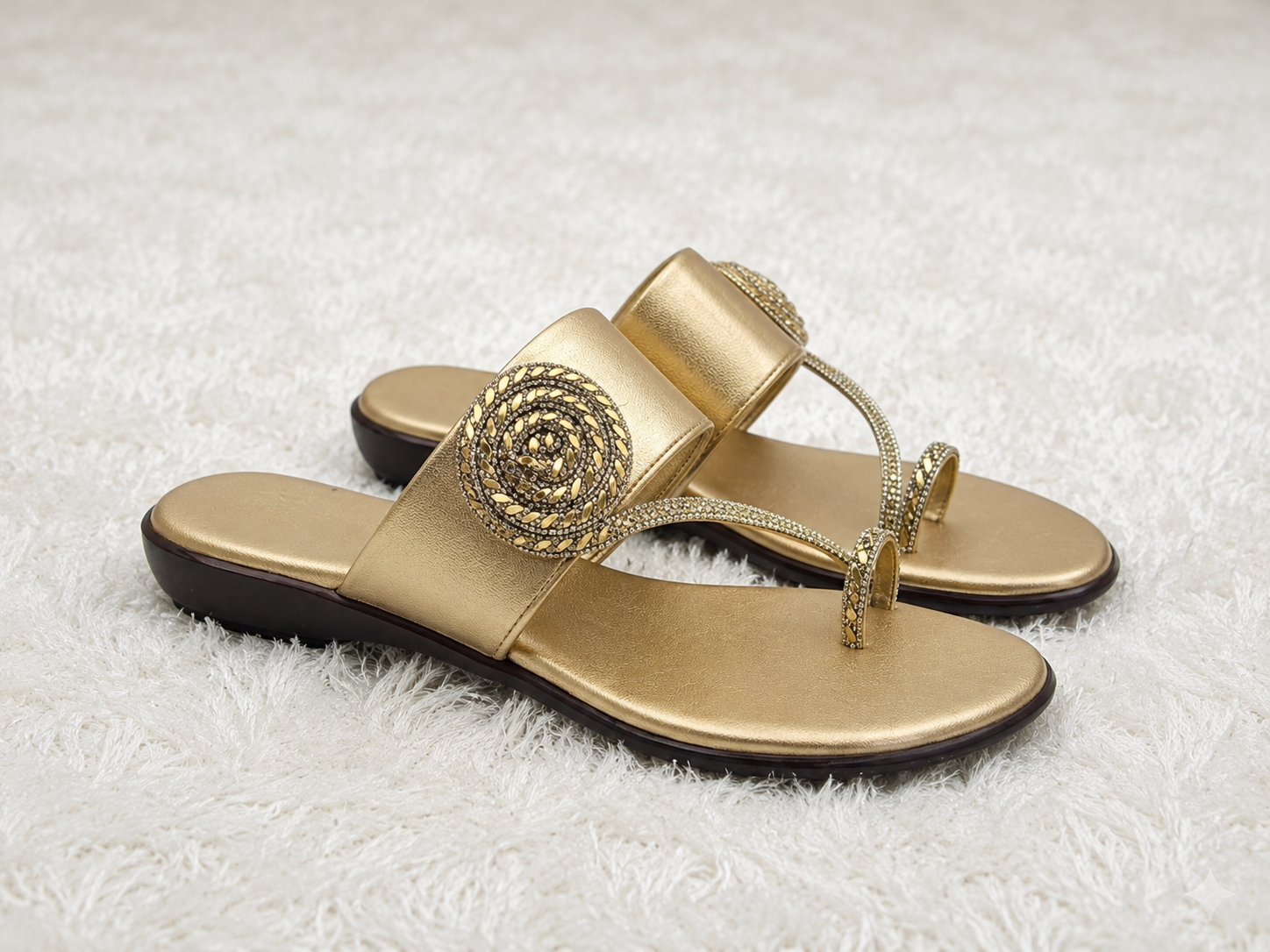 Women's Designer Kolhapuri-Style Flat Sandals with Swarovski Floral Embellishments and Ultra-Soft Cushion Padding