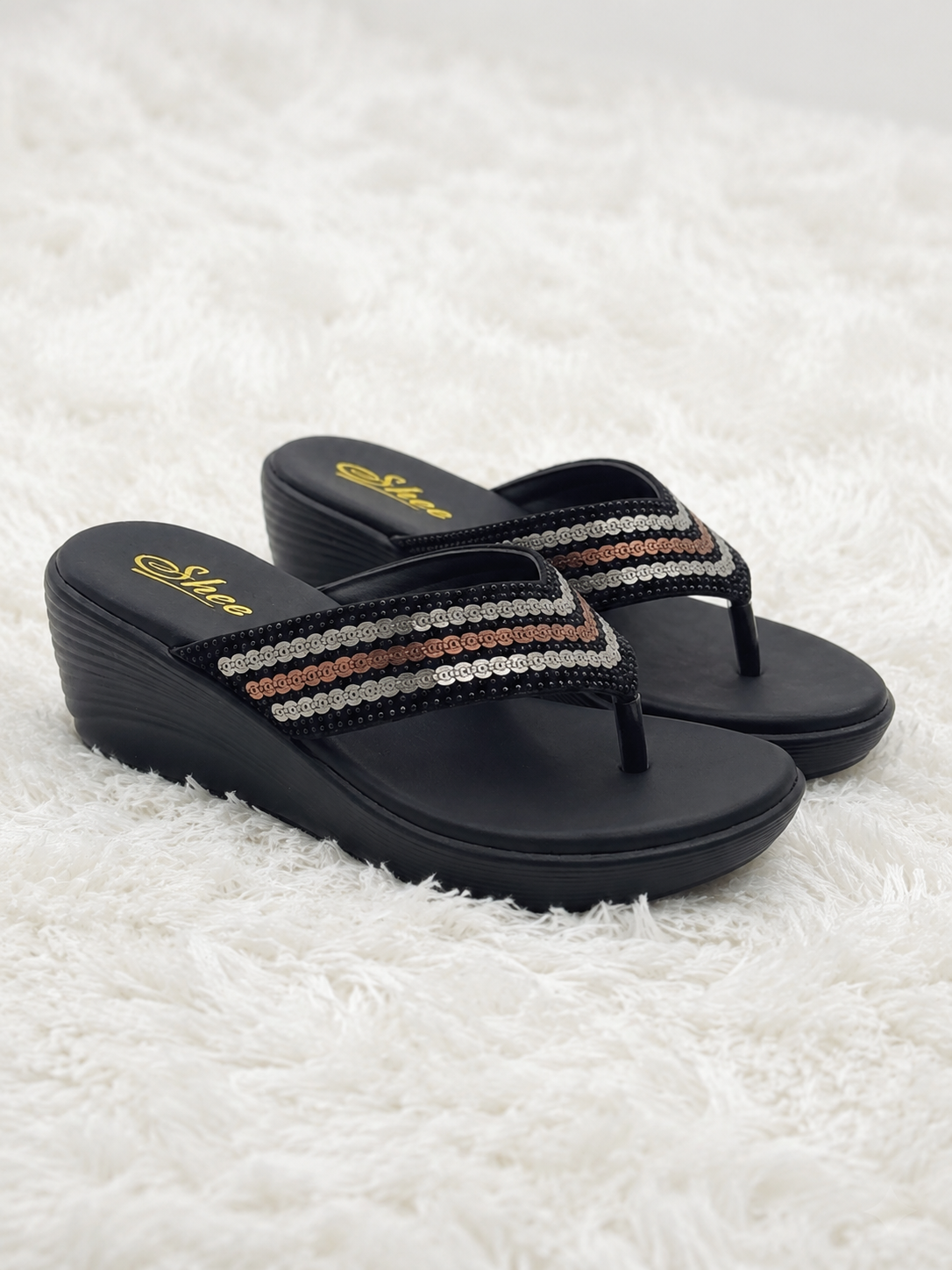 Women's Glamorous Wedge Thong chapple with Swarovski Embellished Synthetic Upper and Ultra-Soft Cushioning