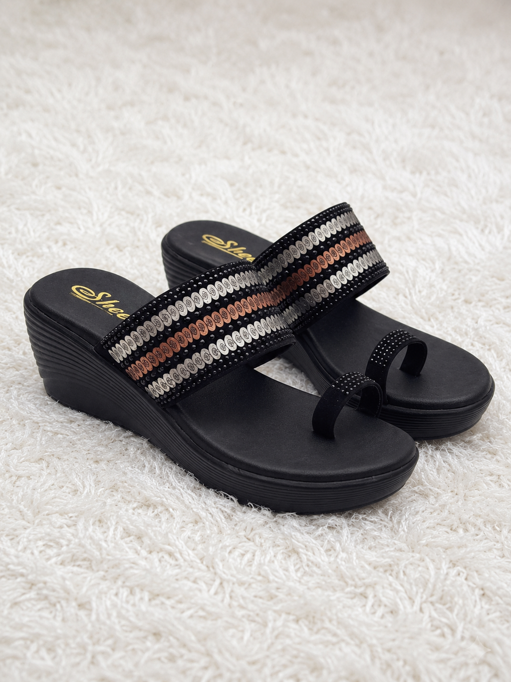 Women's Designer Toe-Ring Wedge chapple with Swarovski Crystal Embellishments and Plush Cushion Padding