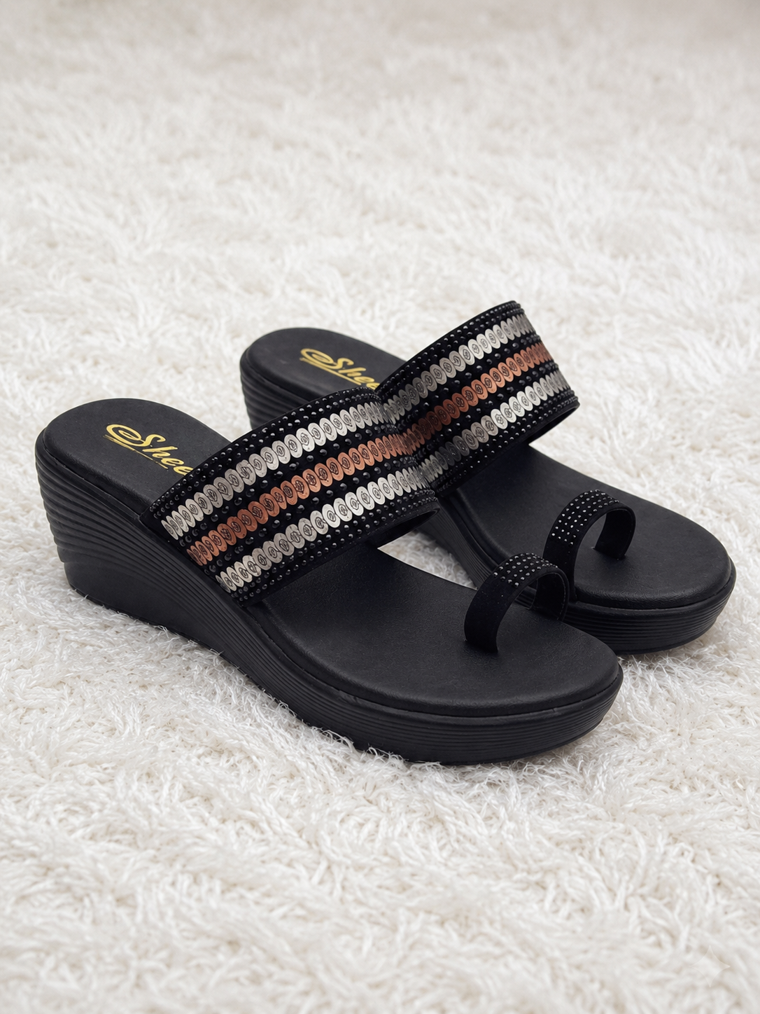 Women's Designer Toe-Ring Wedge chapple with Swarovski Crystal Embellishments and Plush Cushion Padding