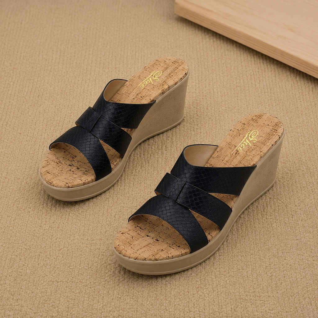 Women's Textured Strap Wedge Sandals | Comfortable Cork-Print Cushion Padded Platform Heels with PU Sole