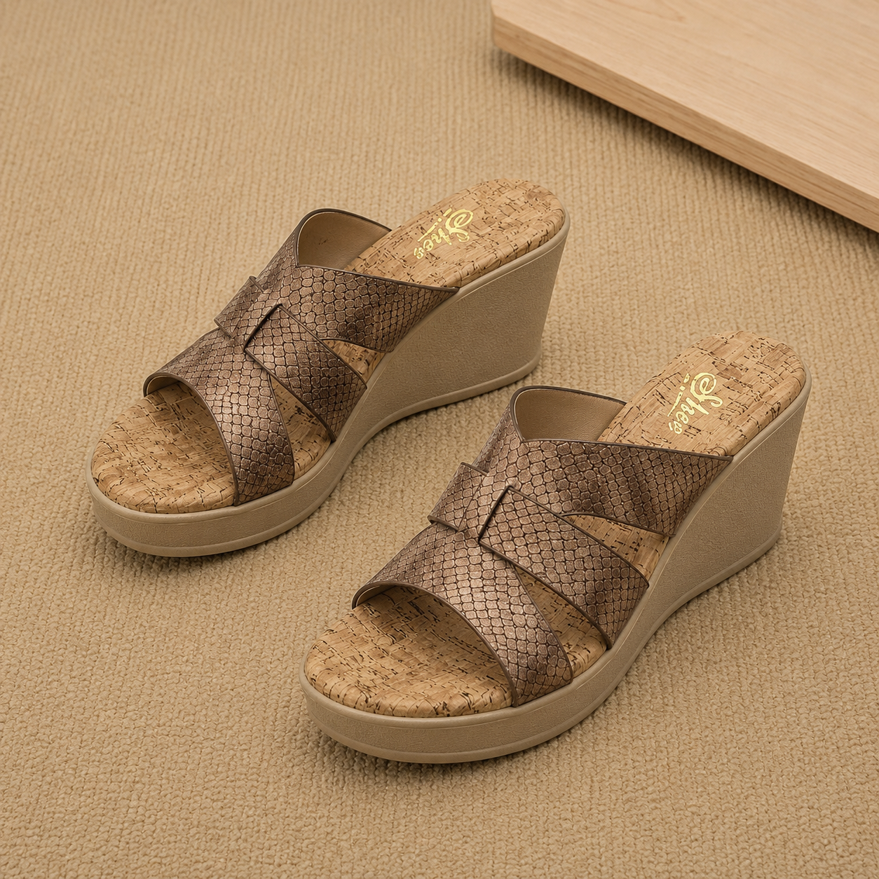 Women's Textured Strap Wedge Sandals | Comfortable Cork-Print Cushion Padded Platform Heels with PU Sole