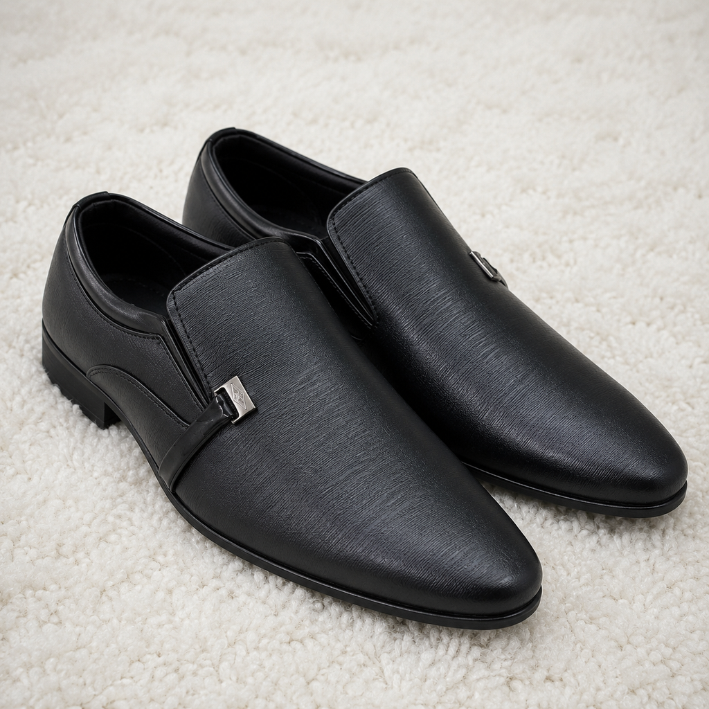 Men's Textured Synthetic Leather Formal Slip-On Shoes with Cushioned Insole