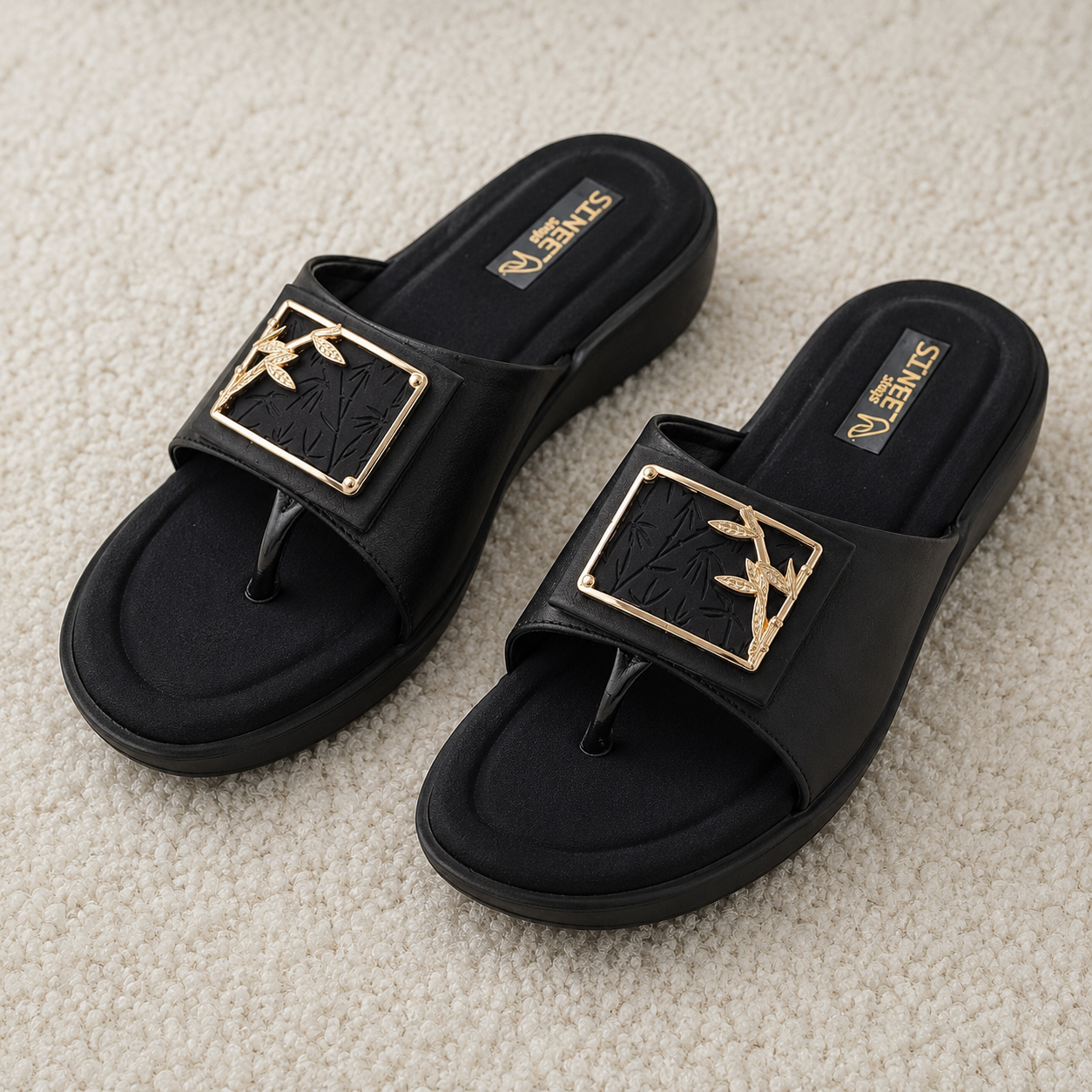 Women's Soft Lycra T-Strap chapples with Embossed Bamboo Buckle Accent