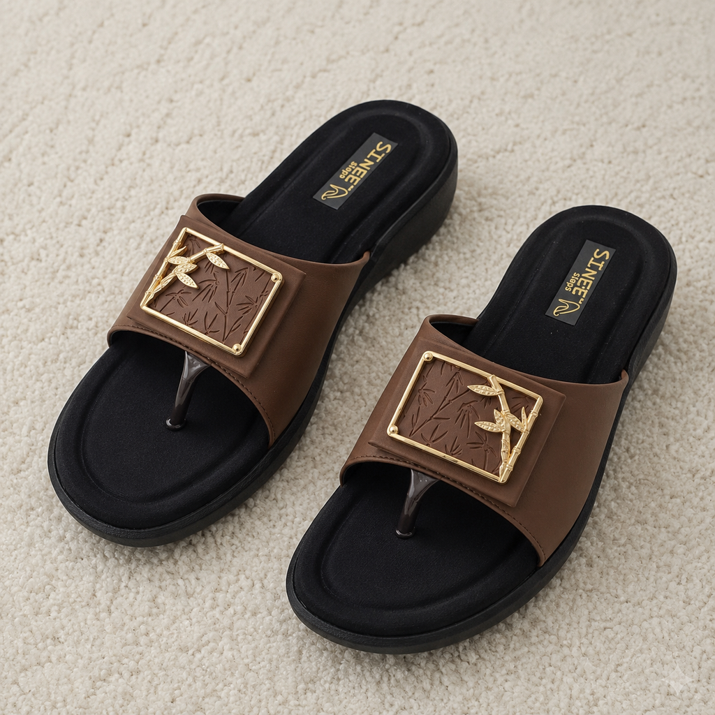 Women's Soft Lycra T-Strap chapples with Embossed Bamboo Buckle Accent