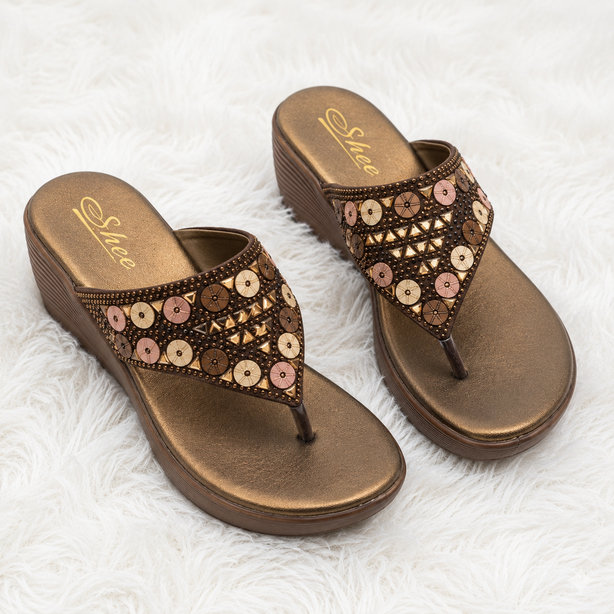 Women's Embellished Wedge Thong chapple – Cushioned Comfort with PU Sole