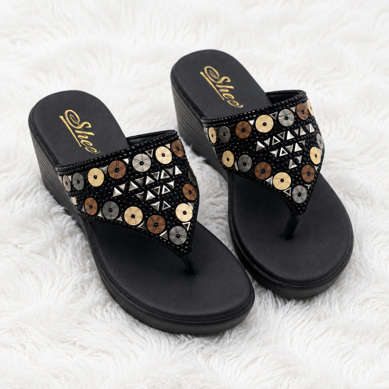 Women's Embellished Wedge Thong chapple – Cushioned Comfort with PU Sole