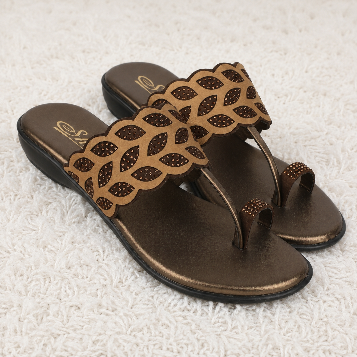 Women's Fashion Toe-Ring chapple | Laser-Cut Leaf Design with Shimmering Accents | Lightweight Air-Mix Sole & Cushioned Comfort Footbed | Stylish Ethnic & Casual Wear Flats
