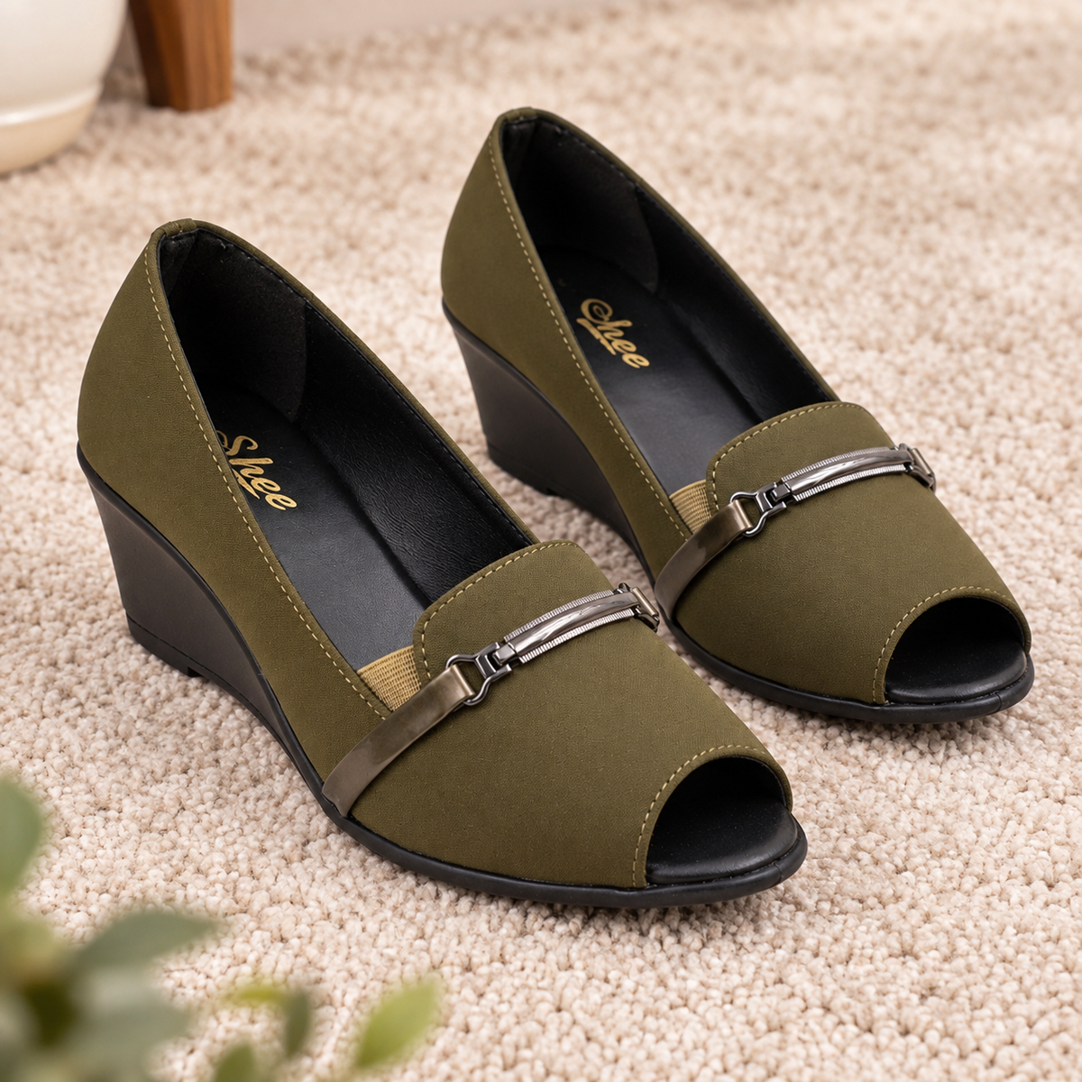 Women’s Lycra Wedge Pumps with PU Sole, Cushion Padding & Stylish Buckle Detail