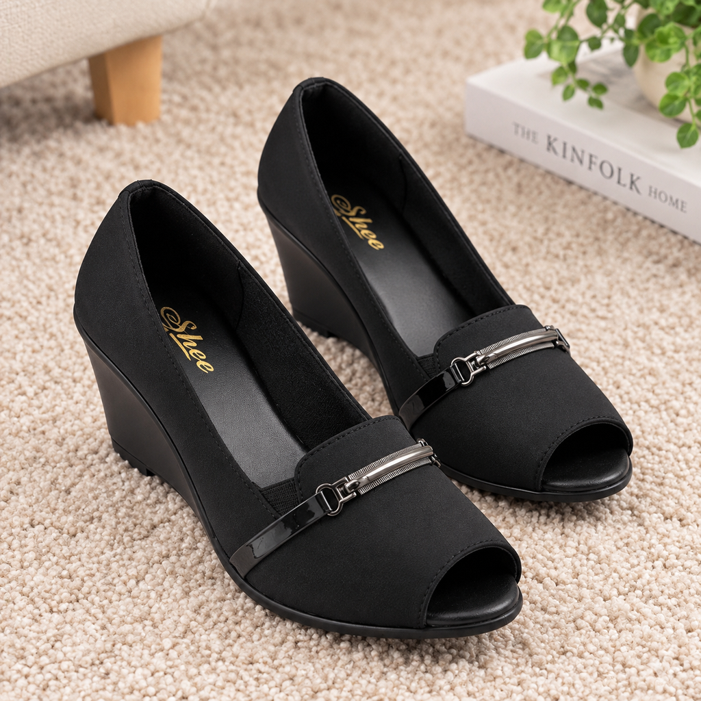 Women’s Lycra Wedge Pumps with PU Sole, Cushion Padding & Stylish Buckle Detail