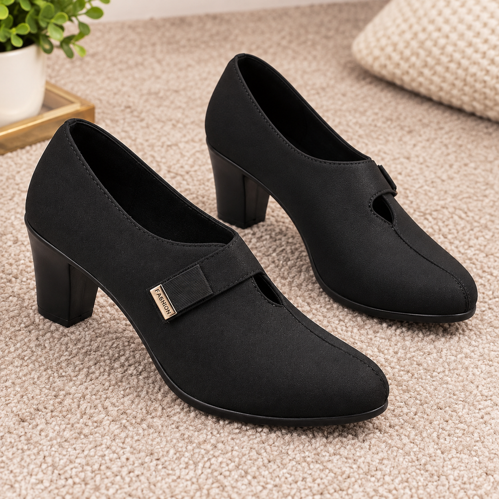 Women’s Lycra Heeled Pumps with PU Sole, Cushion Padding & Stylish Strap Detail