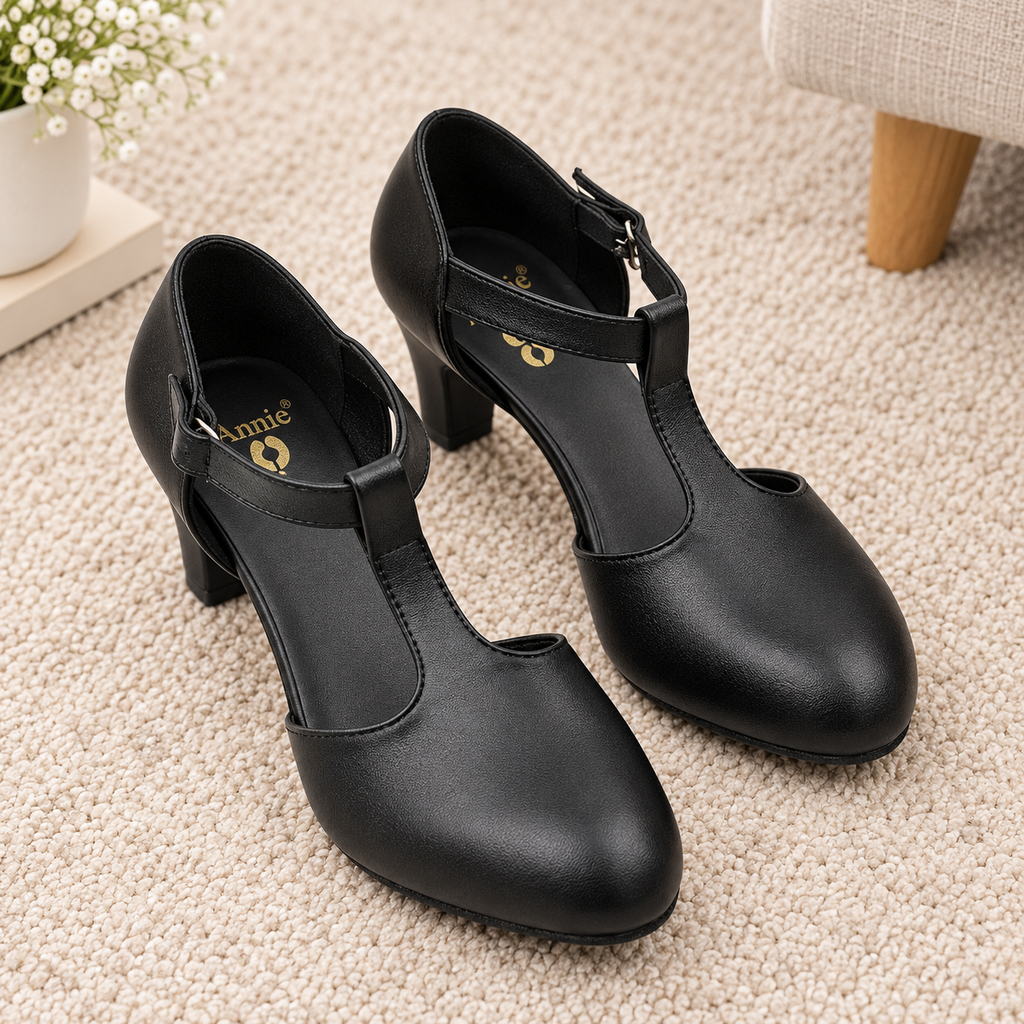 Women’s Synthetic High Heel Pumps with T-Strap Design, PU Sole & Cushion Padding