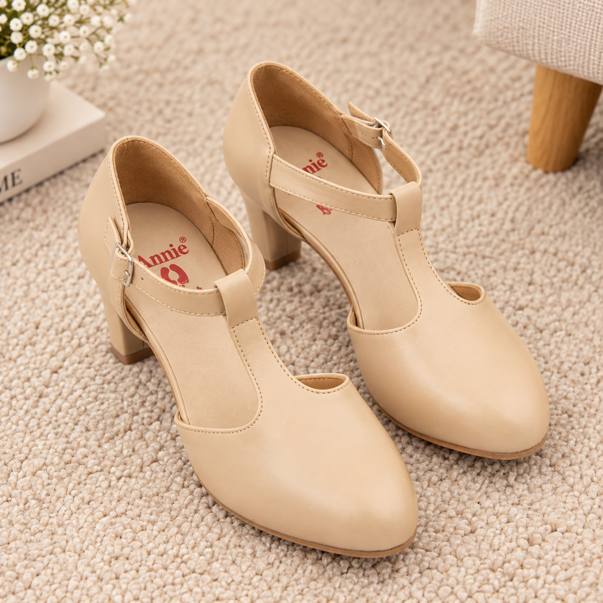 Women’s Synthetic High Heel Pumps with T-Strap Design, PU Sole & Cushion Padding