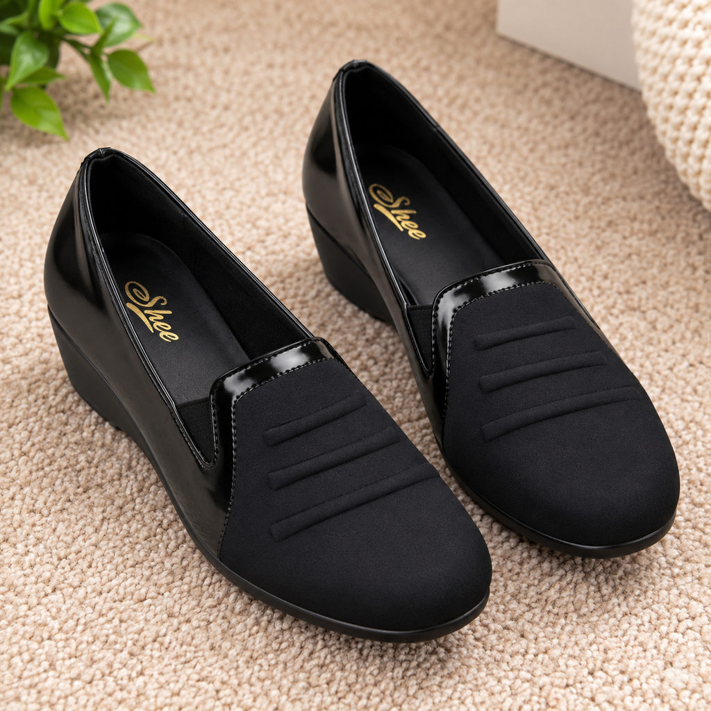 Women’s Synthetic Lycra Wedge Pumps with PU Sole and Cushion Padding