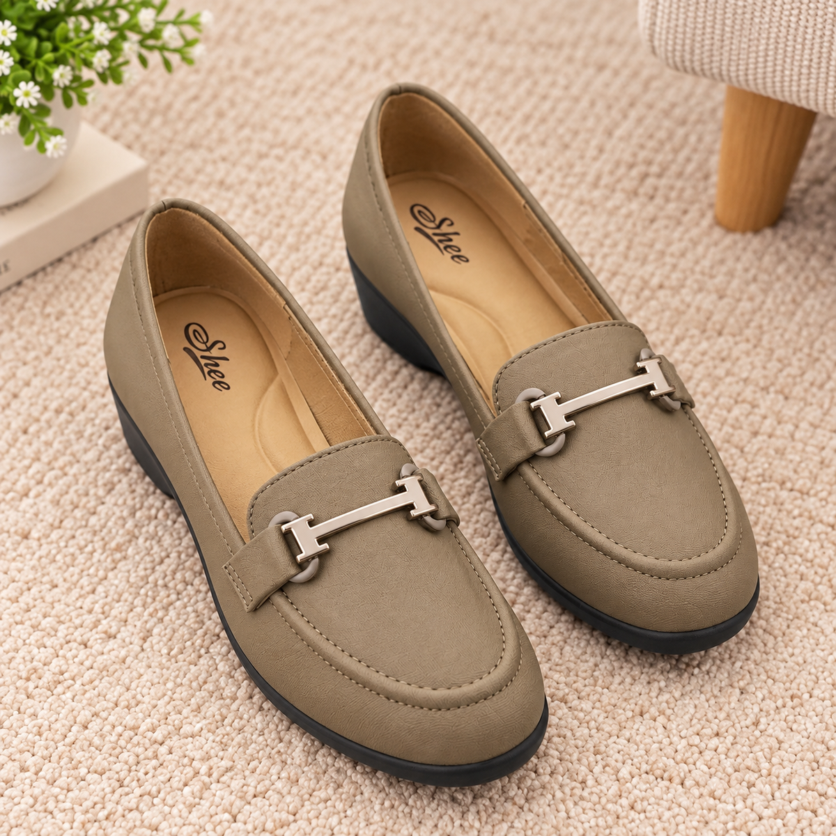 Women’s Synthetic Lycra Wedge Pumps with Stylish Metallic Buckle Detail, Comfortable Cushion Padding, Lightweight PU Sole, Slip-On Design for Office, Casual, Party and Everyday Wear