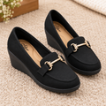 Women’s Synthetic Lycra Wedge Pumps with Stylish Metallic Buckle Detail, Comfortable Cushion Padding, Lightweight PU Sole, Slip-On Design for Office, Casual, Party and Everyday Wear