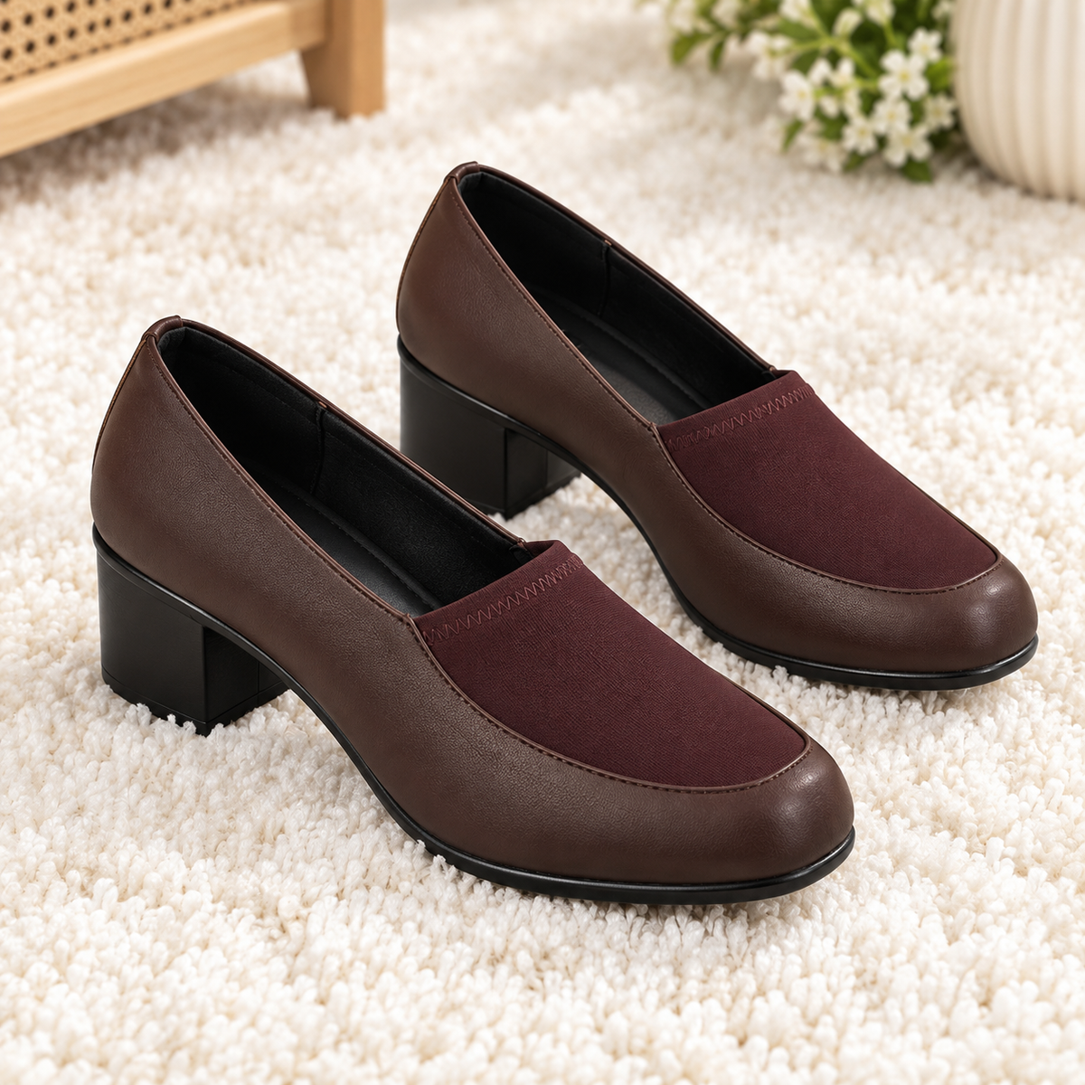 Women's Formal Block Heel Bellies with Synthetic Lycra Upper, Cushioned Footbed & PU Sole | Black & Brown