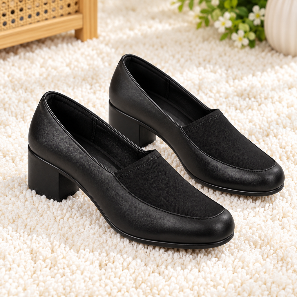 Women's Formal Block Heel Bellies with Synthetic Lycra Upper, Cushioned Footbed & PU Sole | Black & Brown