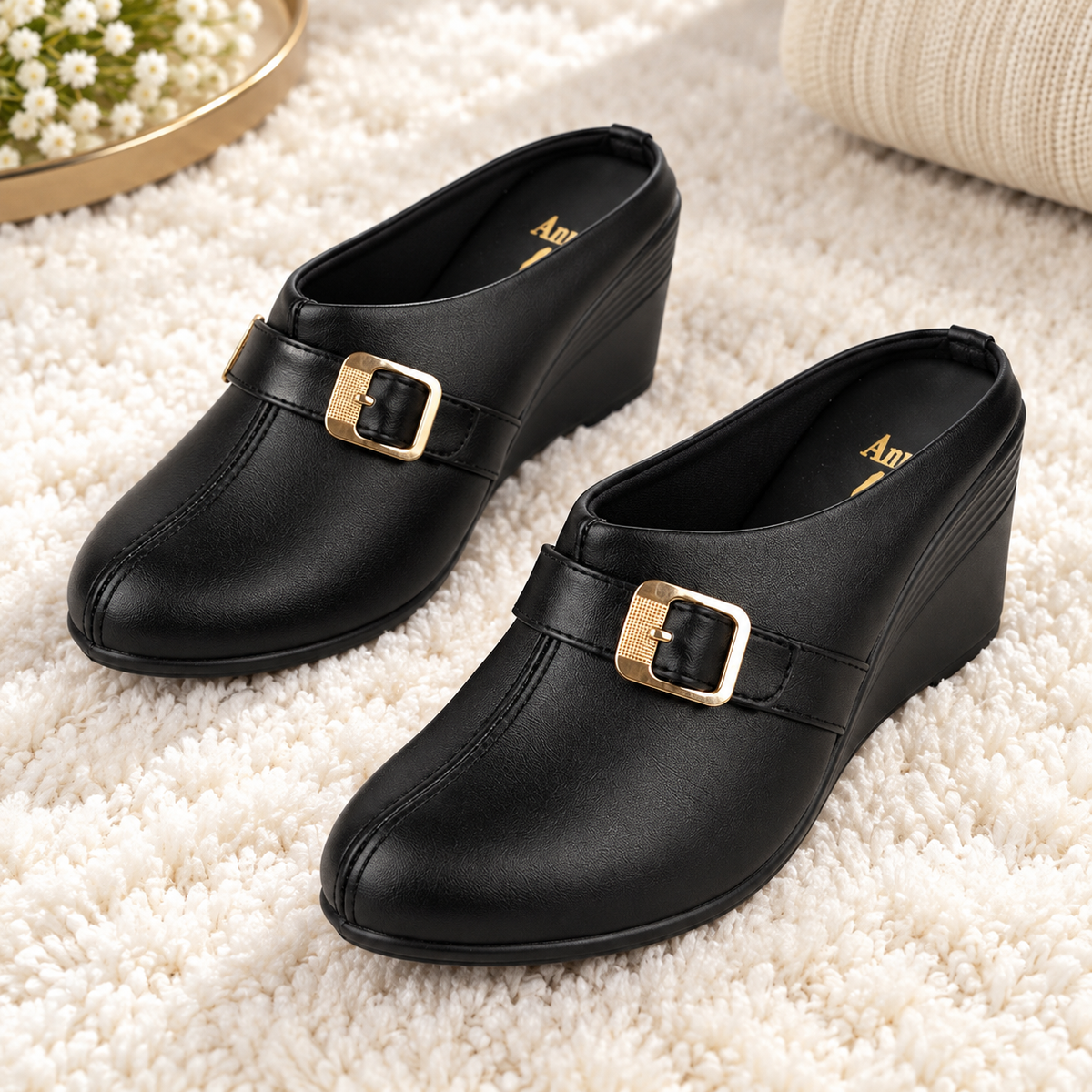 Women’s Fashion Wedge Heel Slip-On Mule Sandals with Buckle Strap | Synthetic Upper & Cushioned PU Sole