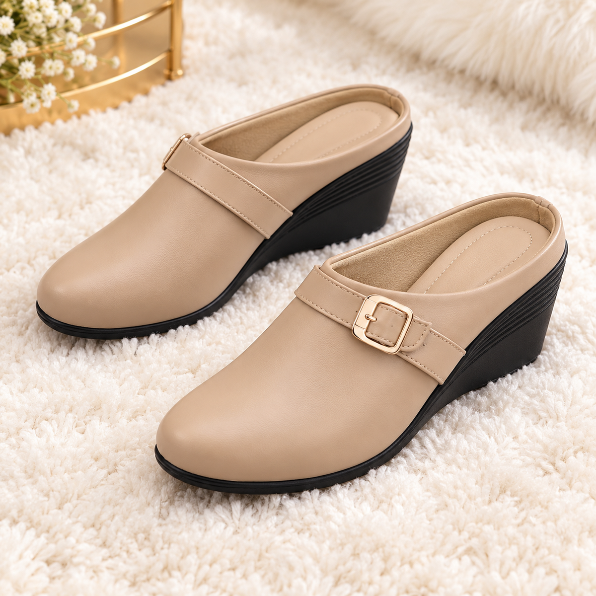 Women’s Fashion Wedge Heel Slip-On Mule Sandals with Buckle Strap | Synthetic Upper & Cushioned PU Sole