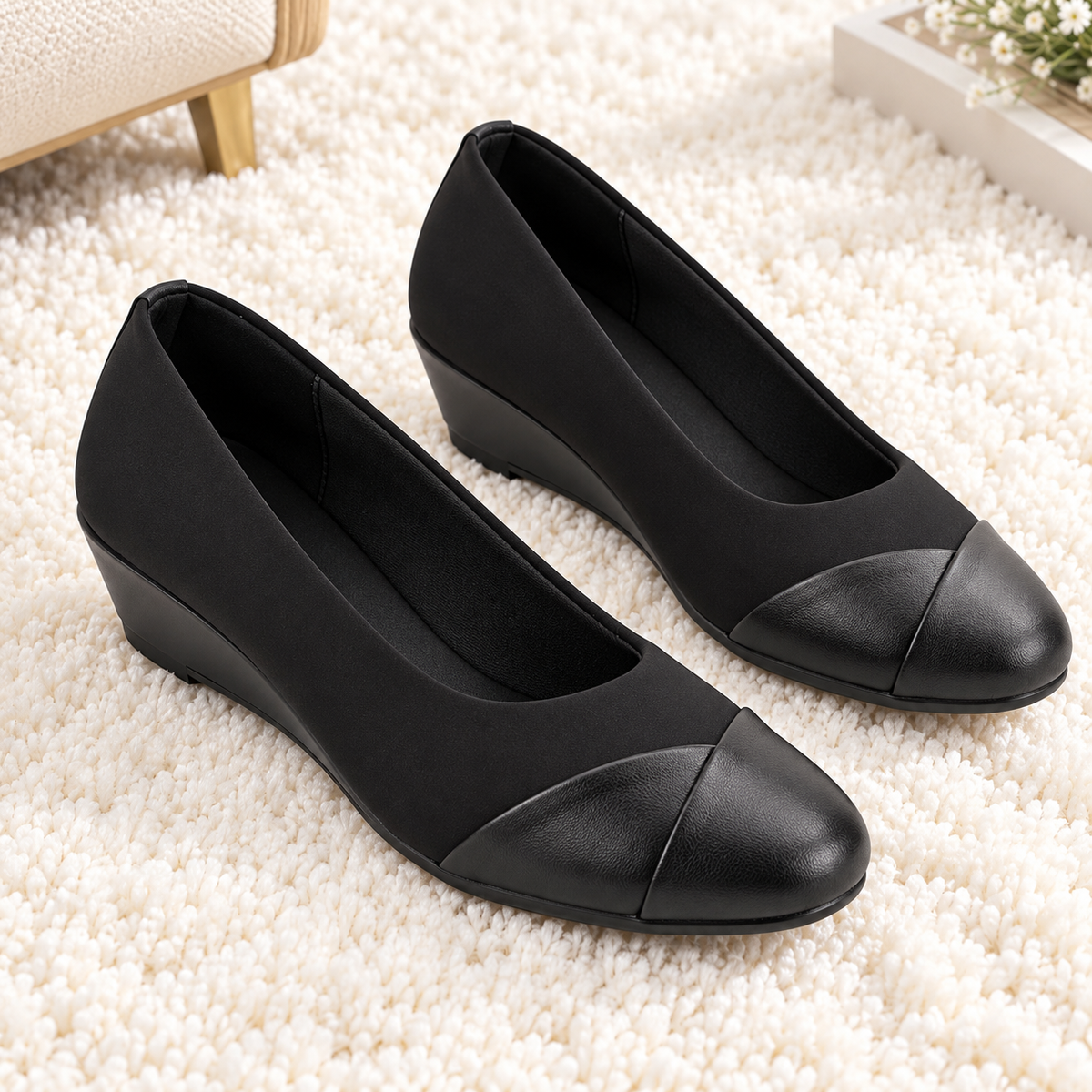 Women's Comfortable Wedge Heel Bellies with Synthetic Lycra Upper, PU Sole & Cushioned Footbed
