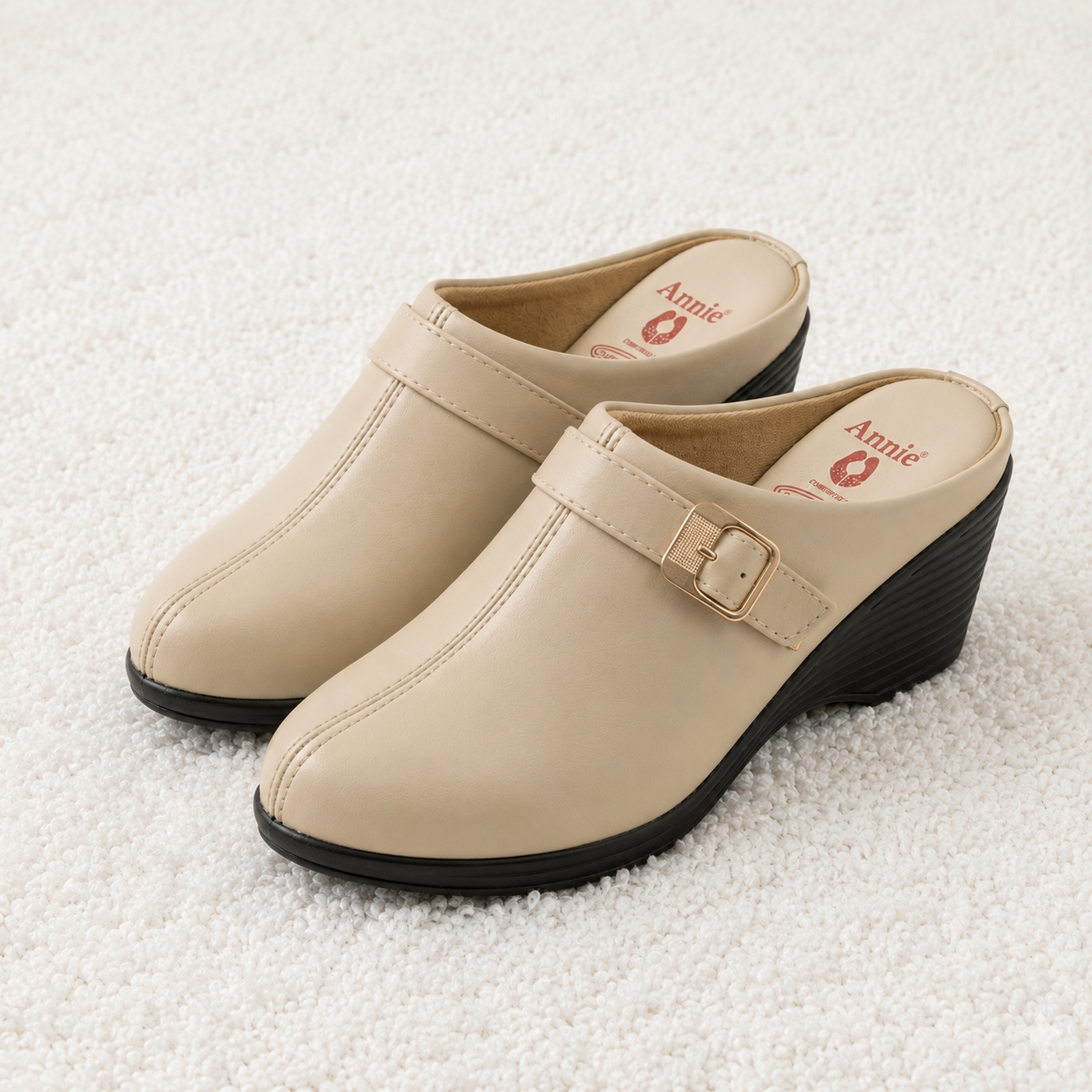 Women’s Comfortable Wedge Heel Slip-On Mule Sandals with Buckle Strap | Synthetic Upper & Cushioned PU Sole