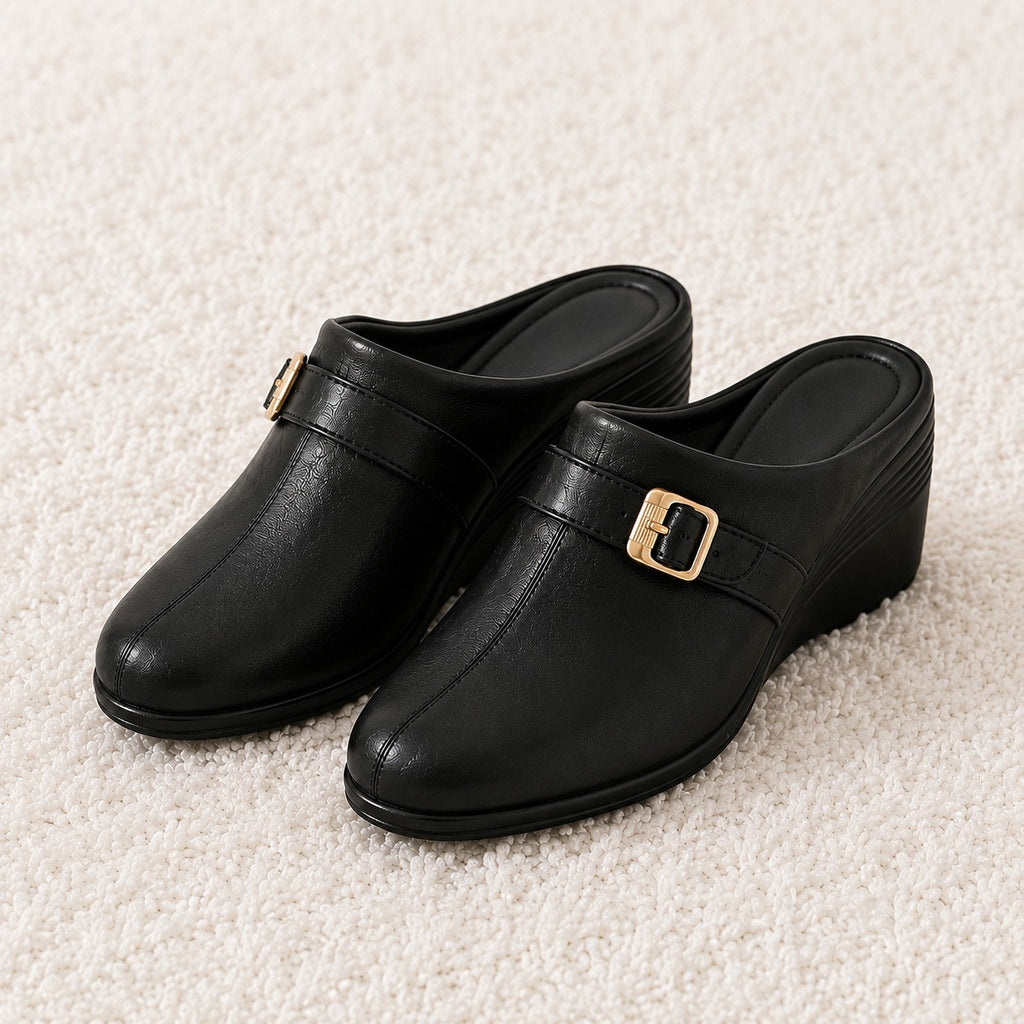Women’s Comfortable Wedge Heel Slip-On Mule Sandals with Buckle Strap | Synthetic Upper & Cushioned PU Sole