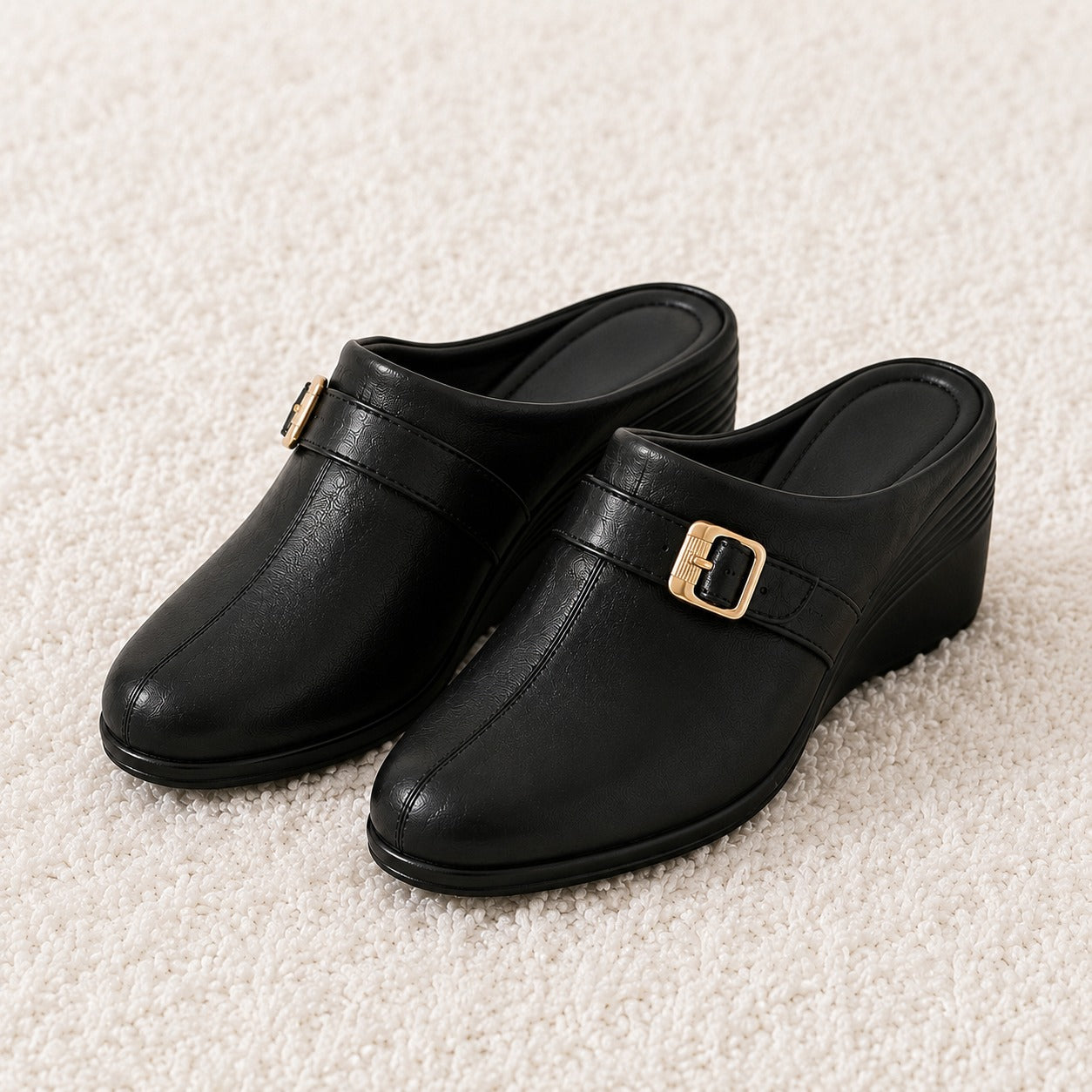 Women’s Comfortable Wedge Heel Slip-On Mule Sandals with Buckle Strap | Synthetic Upper & Cushioned PU Sole